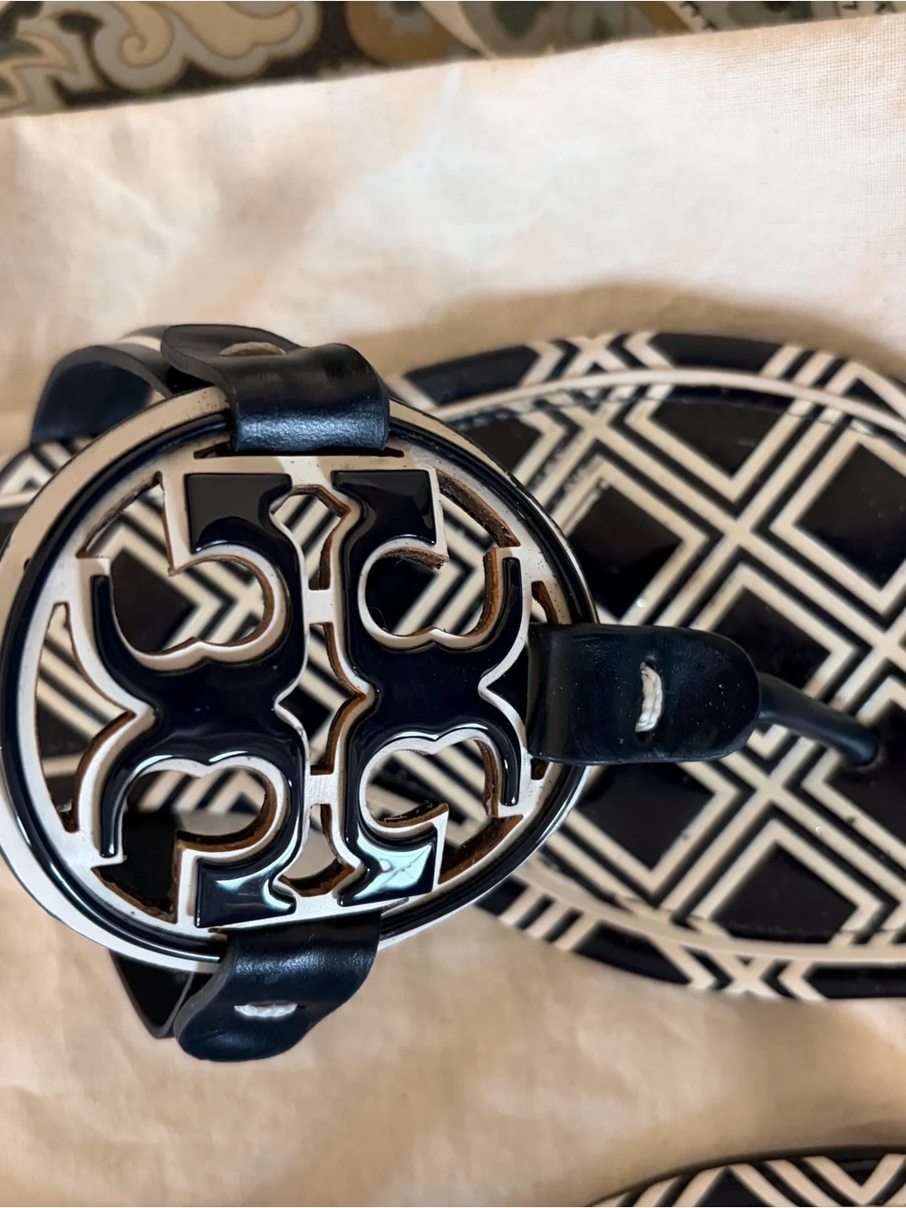 Tory Burch Navy and White Metal Miller Geometric Logo Thong Sandals